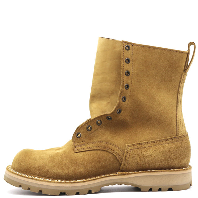 A single mid-calf suede boot in a warm camel tan color, featuring a lace-up front design with metal eyelets, a pull tab at the heel, and a thick lug sole, shown against a plain white background.