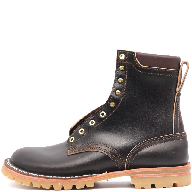 A single dark brown leather lace-up ankle boot with brass eyelets, contrast stitching, and a tan lug sole, shown from a side profile on a white background.