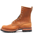 A single brown leather lace-up boot with silver metal eyelets and a rugged black lug sole, shown from a side profile on a white background.