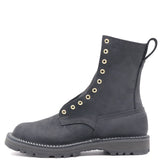 A dark gray suede lace-up ankle boot with gold-tone metal eyelets, a pull tab, and a rugged sole, shown from a side profile on a white background.