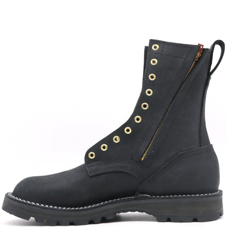 A black leather lace-up ankle boot with a side zipper, gold-tone eyelets, and a pull tab, shown from a side profile on a white background.