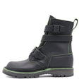 A black leather ankle boot with multiple black buckle straps and bright green contrast stitching, shown from a side profile on a white background.