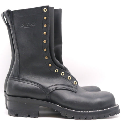 A pair of black leather lace-up boots with brass eyelets and studs, shown from a side profile view against a white background.