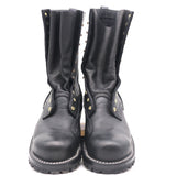 Pair of tall black leather boots shown from the front from a slightly raised angle against a white background.