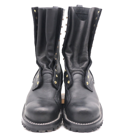 Pair of tall black leather boots shown from the front from a slightly raised angle against a white background.
