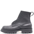 A black leather lace-up ankle boot with a rugged lug sole, shown from a side profile view against a plain white background.