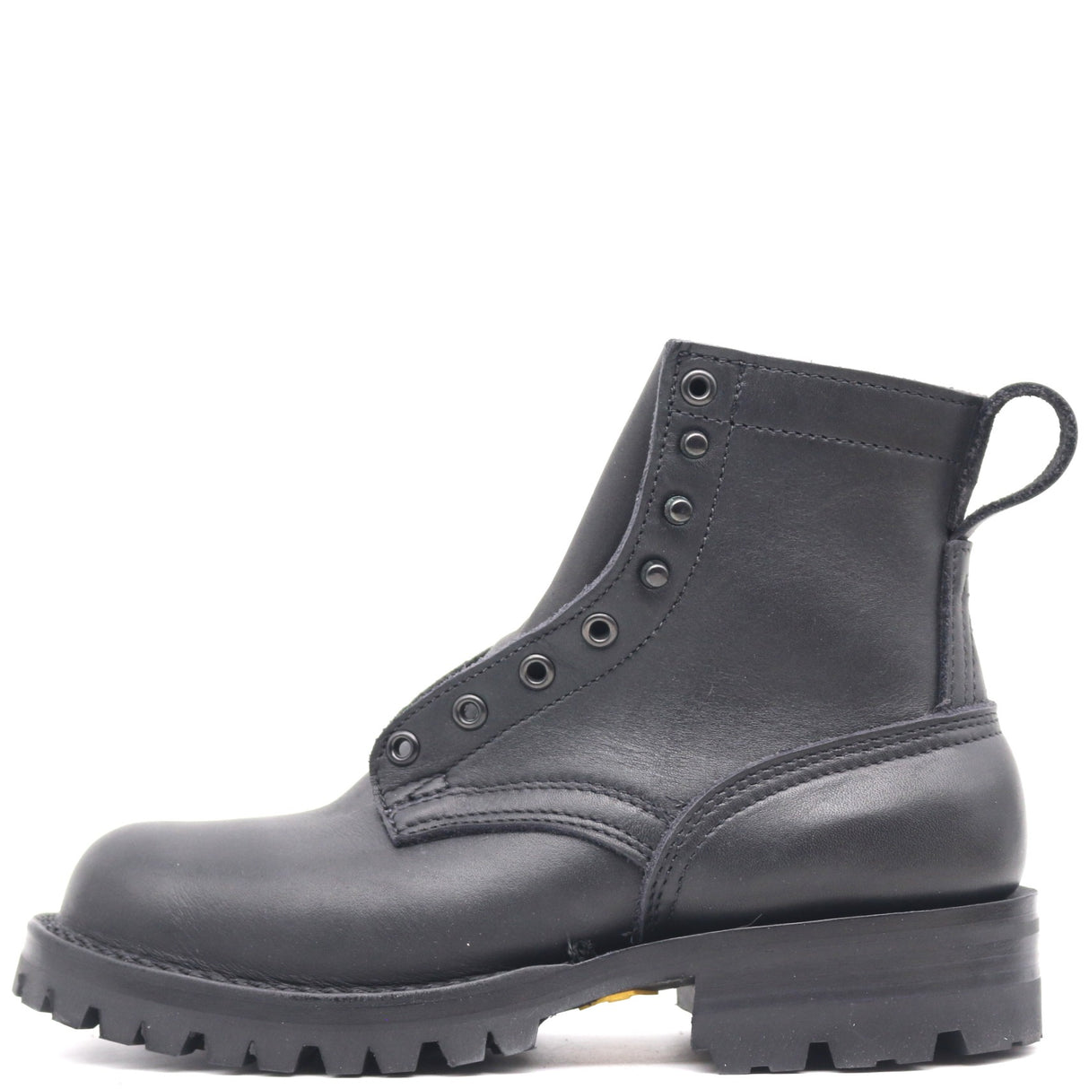 A black leather lace-up ankle boot with a rugged lug sole, shown from a side profile view against a plain white background.