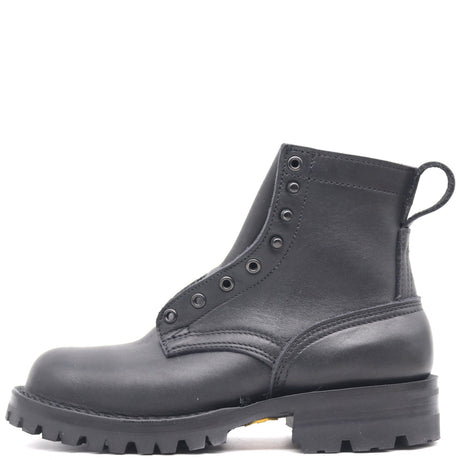 A black leather lace-up ankle boot with a rugged lug sole, shown from a side profile view against a plain white background.