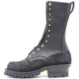 A single mid-calf black leather boot with gold-tone eyelets and studs, a thick lug sole, and a pull tab, shown from a side profile on a white background.