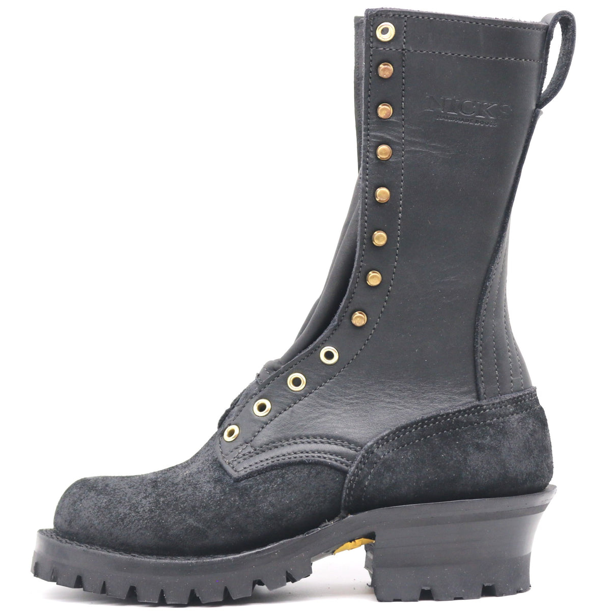 A single mid-calf black leather boot with gold-tone eyelets and studs, a thick lug sole, and a pull tab, shown from a side profile on a white background.