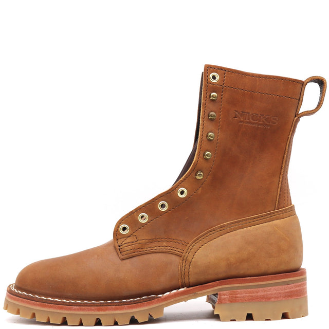 A single brown leather lace-up boot with brass eyelets, a pull tab, and a rugged lug sole, shown in a side profile on a white background.