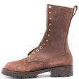 Tall brown boot with brass hardware and a fireproof lug outsole in front of a white background.
