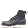 A single black leather high-top work boot with gold metal eyelets, contrast stitching, and a white outsole, shown from a side profile on a white background.