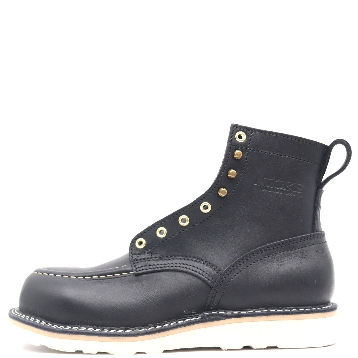 A single black leather high-top work boot with gold metal eyelets, contrast stitching, and a white outsole, shown from a side profile on a white background.