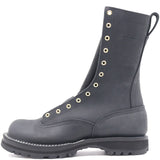 Nicks Handmade lace-to-toe black leather work boot with brass eyelets and lug sole