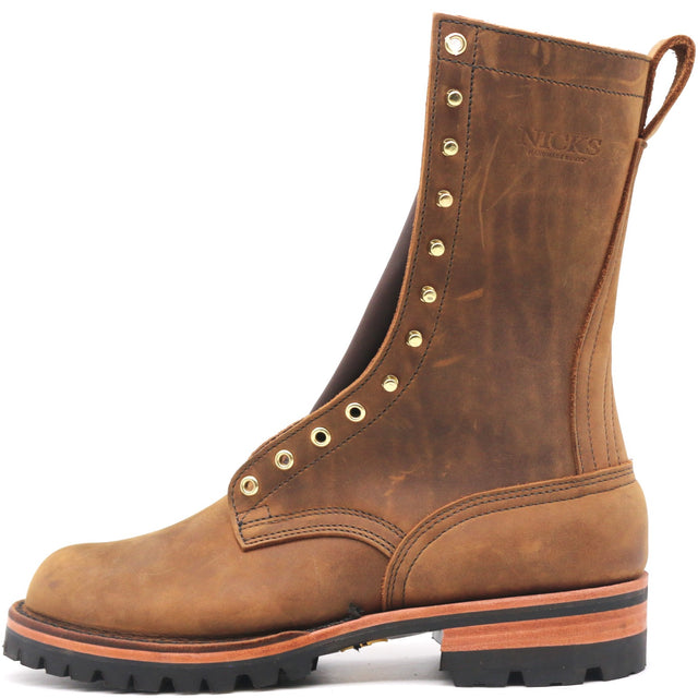 Tall brown boot with brass hardware and a fireproof lug outsole against a white background.