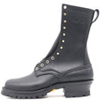Tall black leather boot with brass hardware and a fireproof lug outsole against a white background.