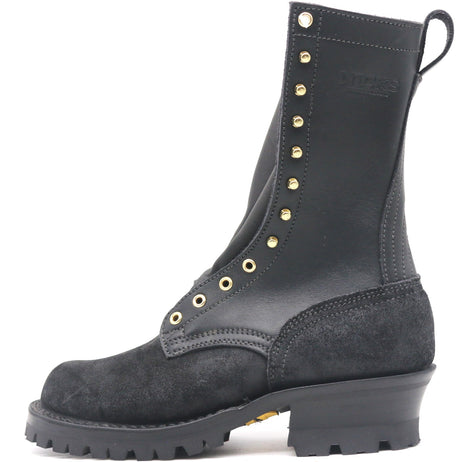 Tall black leather boot with brass hardware and fireproof outsole in front of a white background.