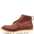Brown Moccasin toe textured bison leather boots with a white wedge outsole in front of a white background.