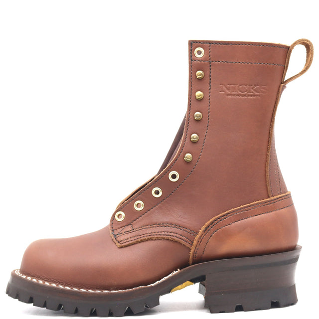 Tall brown leather boot with rear pull loop, brass hardware, and fireproof lug outsole in front of a white background.