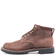 Black leather boot with brass hardware, padded top, rear pull loop, and Sierra outsole in front of a white background.