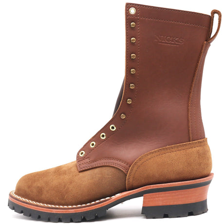 Tall brown leather work boot with brass hardware and lug outsole in front of a white background.
