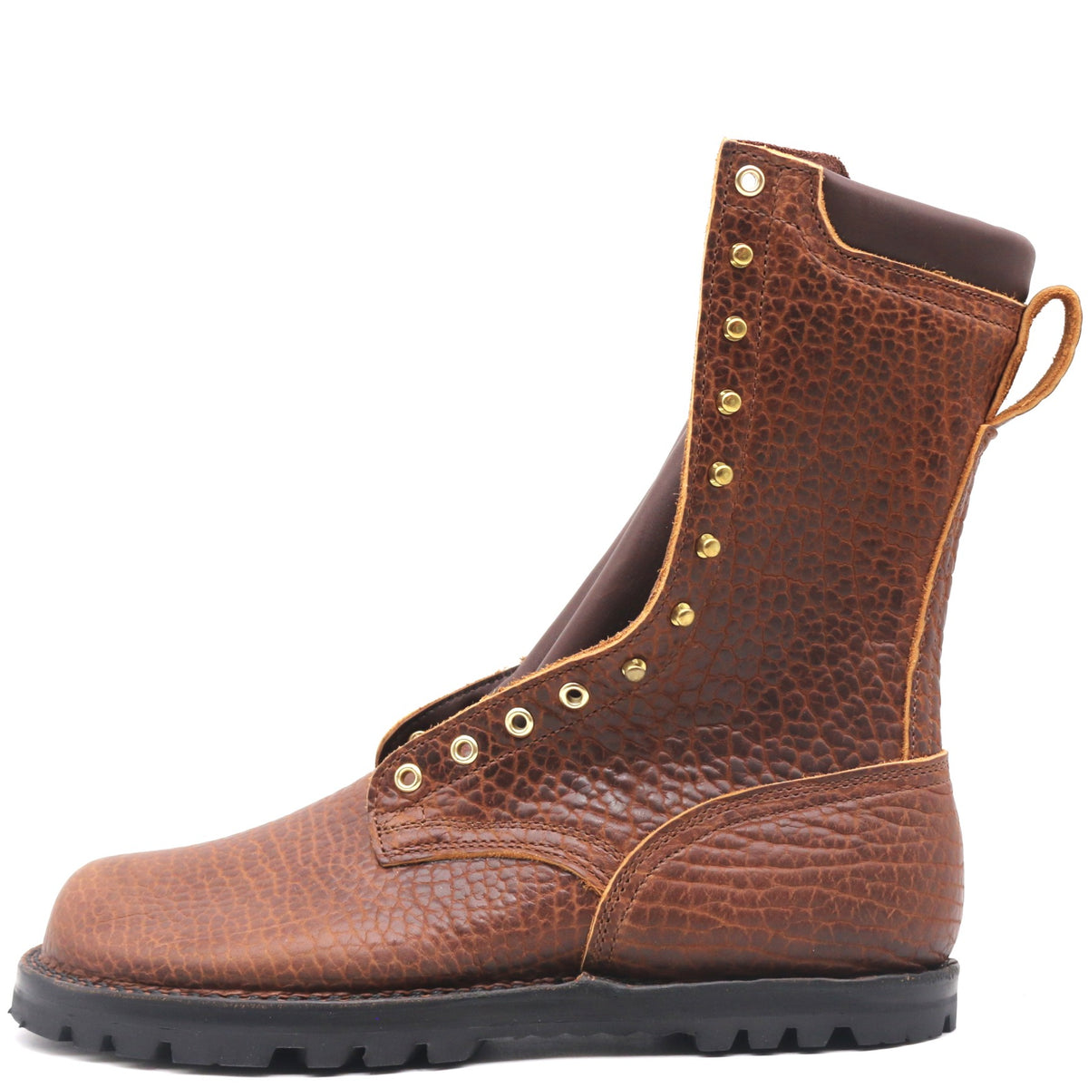 Tall brown textured bison leather boot with padded collar, brass hardware, and Sierra Slim outsole in front of a white background.