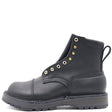Black leather boot with tactical heel counter, brass hardware, 2-row toe cap, rear pull loop, and Sierra outsole in front of a white background.