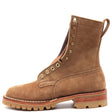 Light brown suede leather boot with padded gusset, comfort flex notch, honey lug outsole, brass hardware, and rear pull loop in front of a white background.