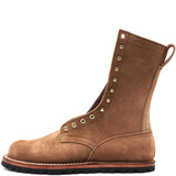 A brown suede mid-calf work boot with brass eyelets, a pull tab, and a black lug sole, shown from a side profile on a white background.