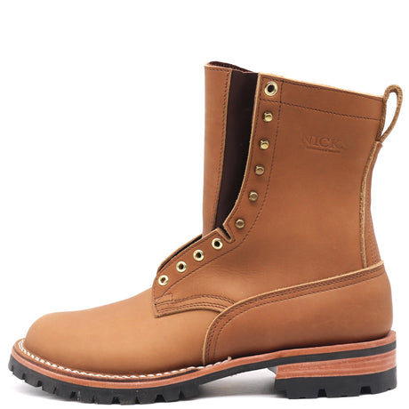 Nicks Handmade BuilderPro HD brown leather work boot featuring brass eyelets speed hooks and a lugged sole