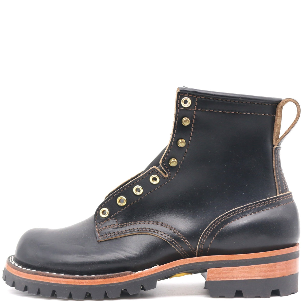 A black leather lace-up ankle boot with brass eyelets, contrast stitching, and a rugged lug sole, shown from a side profile on a white background.
