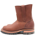 A pair of mid-calf brown leather boots with a pull strap on the back, set against a plain white background.