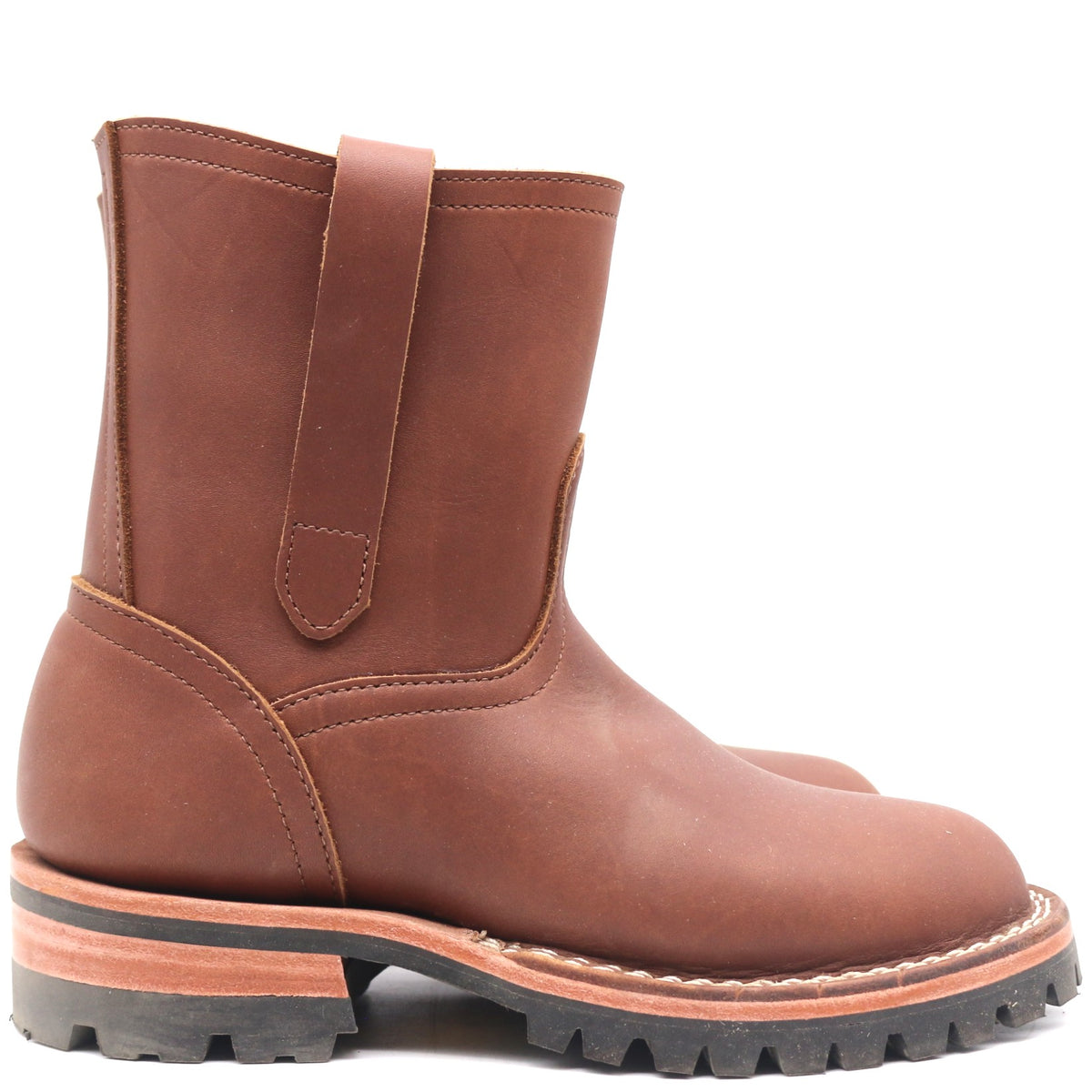 A single brown leather ankle boot with a pull strap, shown in a side profile view against a white background.