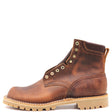 A brown distressed leather lace-up ankle boot with brass eyelets and a tan lug sole, shown from a side profile on a white background.