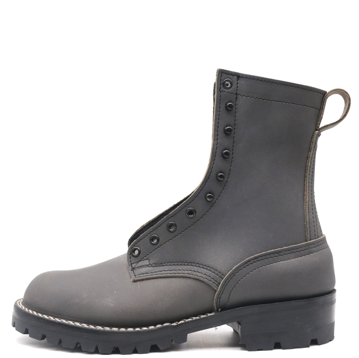 A dark gray leather lace-up ankle boot with a pull loop, white contrast stitching, and a rugged black sole, shown from a side profile on a white background.