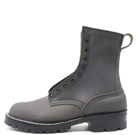 Nicks Handmade dark gray leather lace-up boot with black eyelets pull tab and lug sole shown in side profile