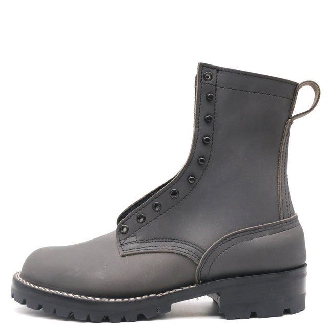 A dark gray leather lace-up ankle boot with a pull loop, white contrast stitching, and a rugged black sole, shown from a side profile on a white background.