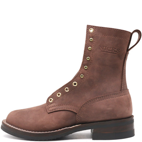 Nicks Handmade Ranger brown leather work boot with brass eyelets and dark lug sole in side profile