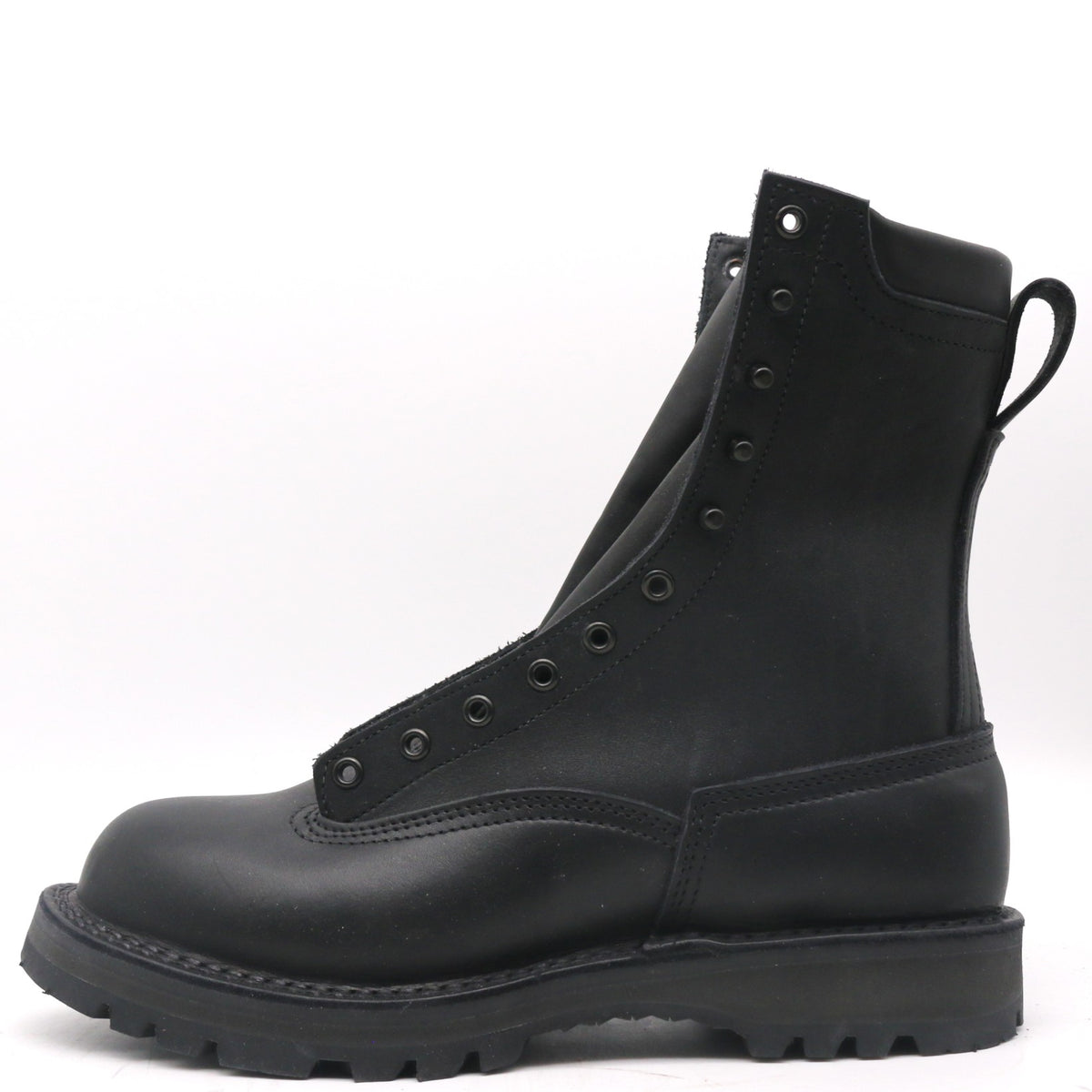 A single black leather lace-up ankle boot with a thick lug sole, shown in a side profile on a white background.