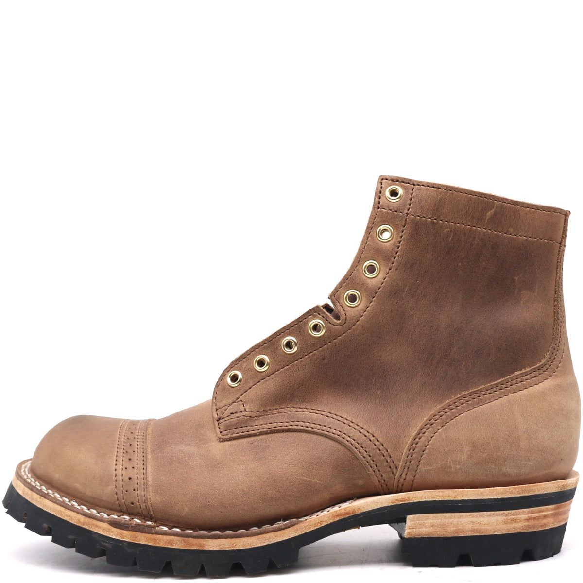 A brown distressed leather lace-up ankle boot with gold-tone eyelets, a stitched cap toe, and a rugged black and tan sole, shown from a side profile on a white background.