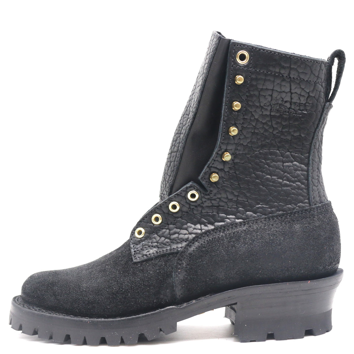 A black ankle combat boot featuring a textured faux-croc leather shaft, a black suede toe and heel counter, gold-tone metal eyelets, and a chunky lug sole.