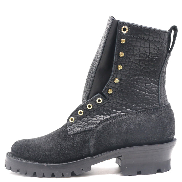 A black ankle combat boot featuring a textured faux-croc leather shaft, a black suede toe and heel counter, gold-tone metal eyelets, and a chunky lug sole.