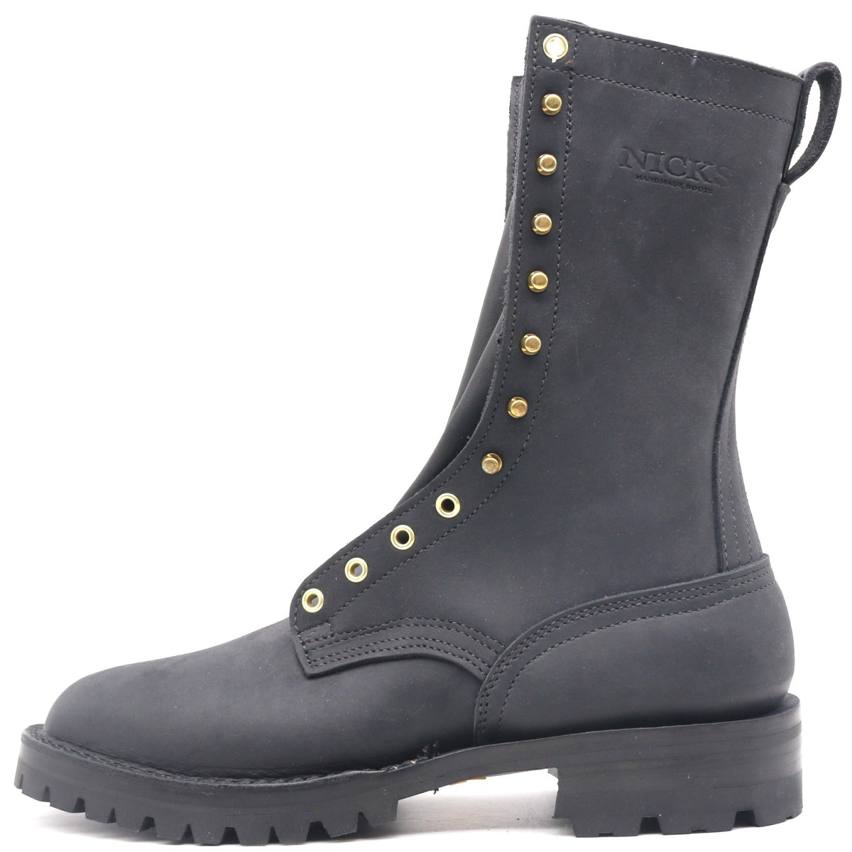 A black leather mid-calf boot with gold-tone metal studs and eyelets, featuring a pull tab on the heel and the brand name 'NICKS' embossed on the side, set against a plain white background.