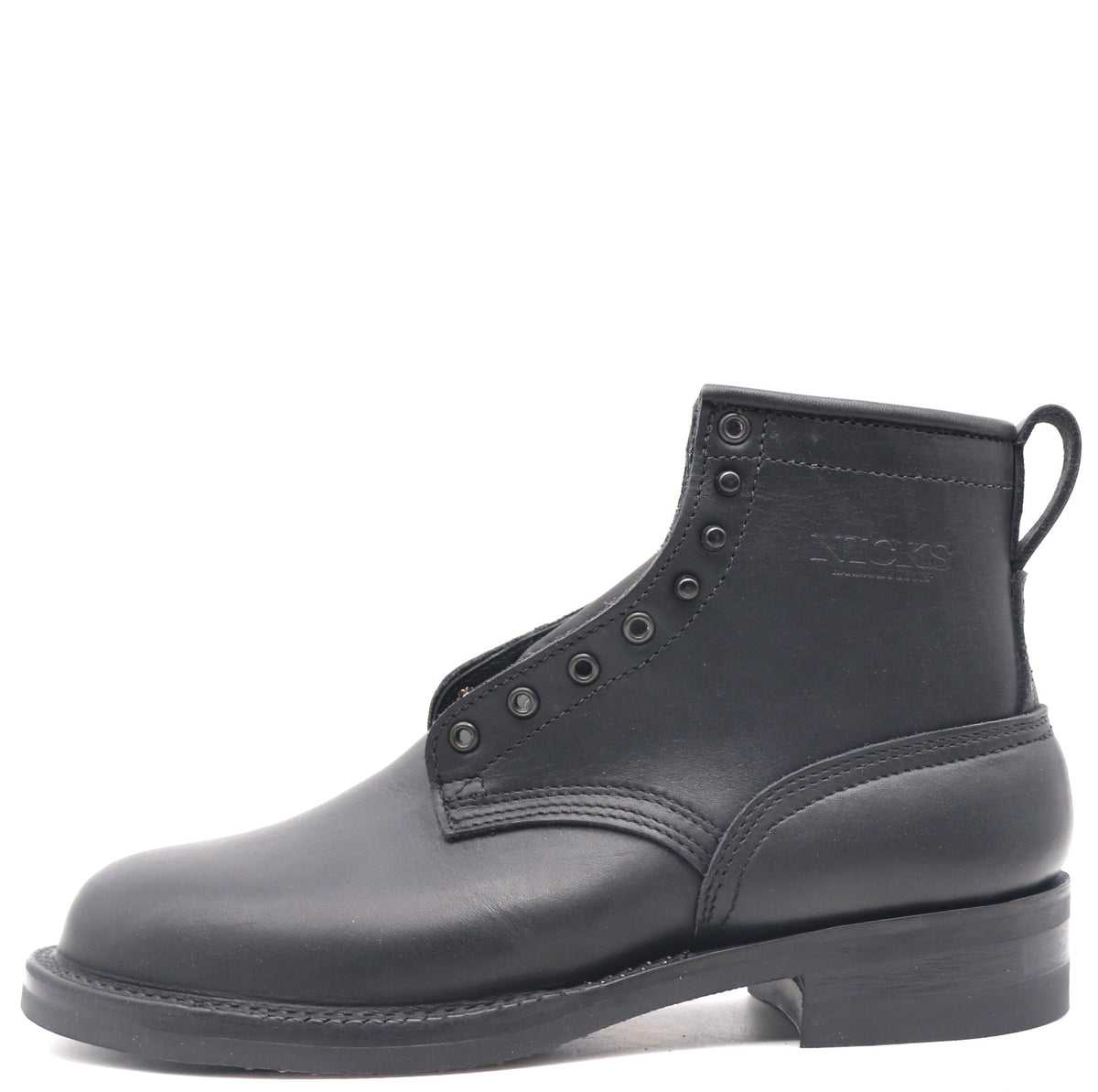 A black leather lace-up ankle boot with metal eyelets, a pull tab, and a low stacked heel, shown from a side profile on a white background.