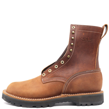 Nicks Handmade brown leather stitchdown work boot in side profile with brass eyelets and speed hooks