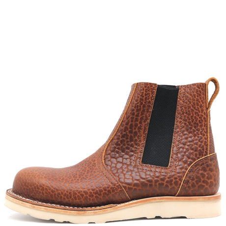 Nicks Handmade brown textured leather Chelsea boot with a black elastic side goring and a white wedge sole