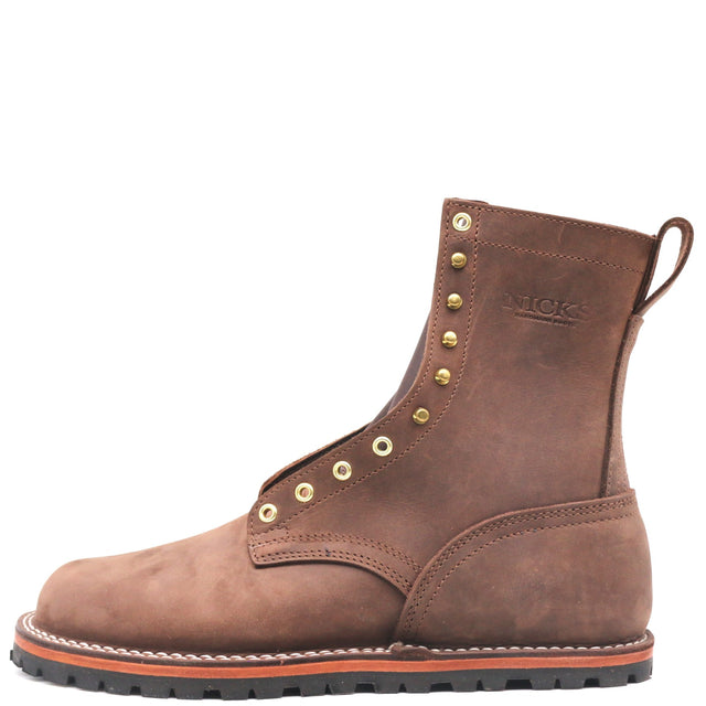 A brown suede lace-up work boot with brass eyelets, a pull tab, and a black rubber sole, shown from a side profile on a white background.
