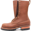 A brown leather work boot with a rugged black lug sole, a stacked wood-look heel, and brass eyelets, shown on a white background. The brand 'NICKS' is embossed on the side.