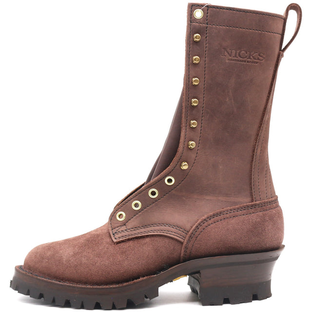 A brown leather lace-up work boot with brass eyelets and studs, featuring a rugged sole and heel, shown against a plain white background.